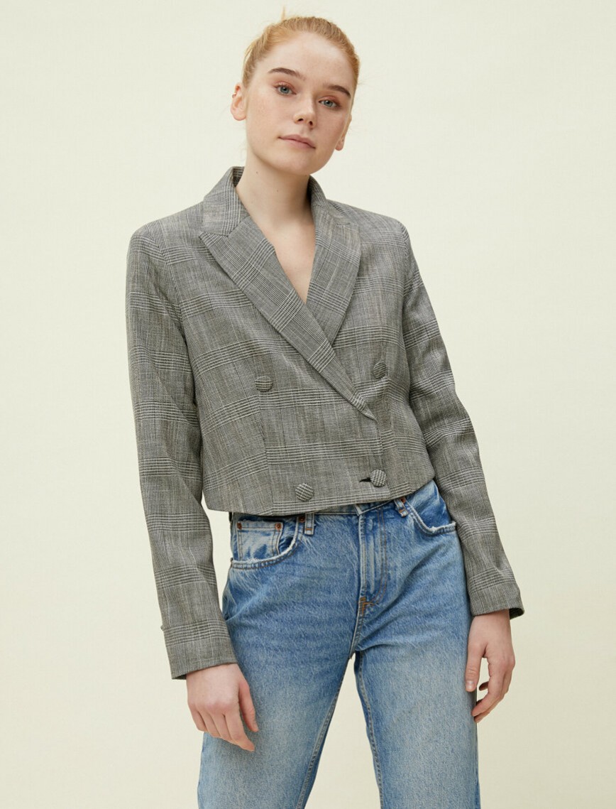 Crop Kruvaze Blazer Ceket Kareli