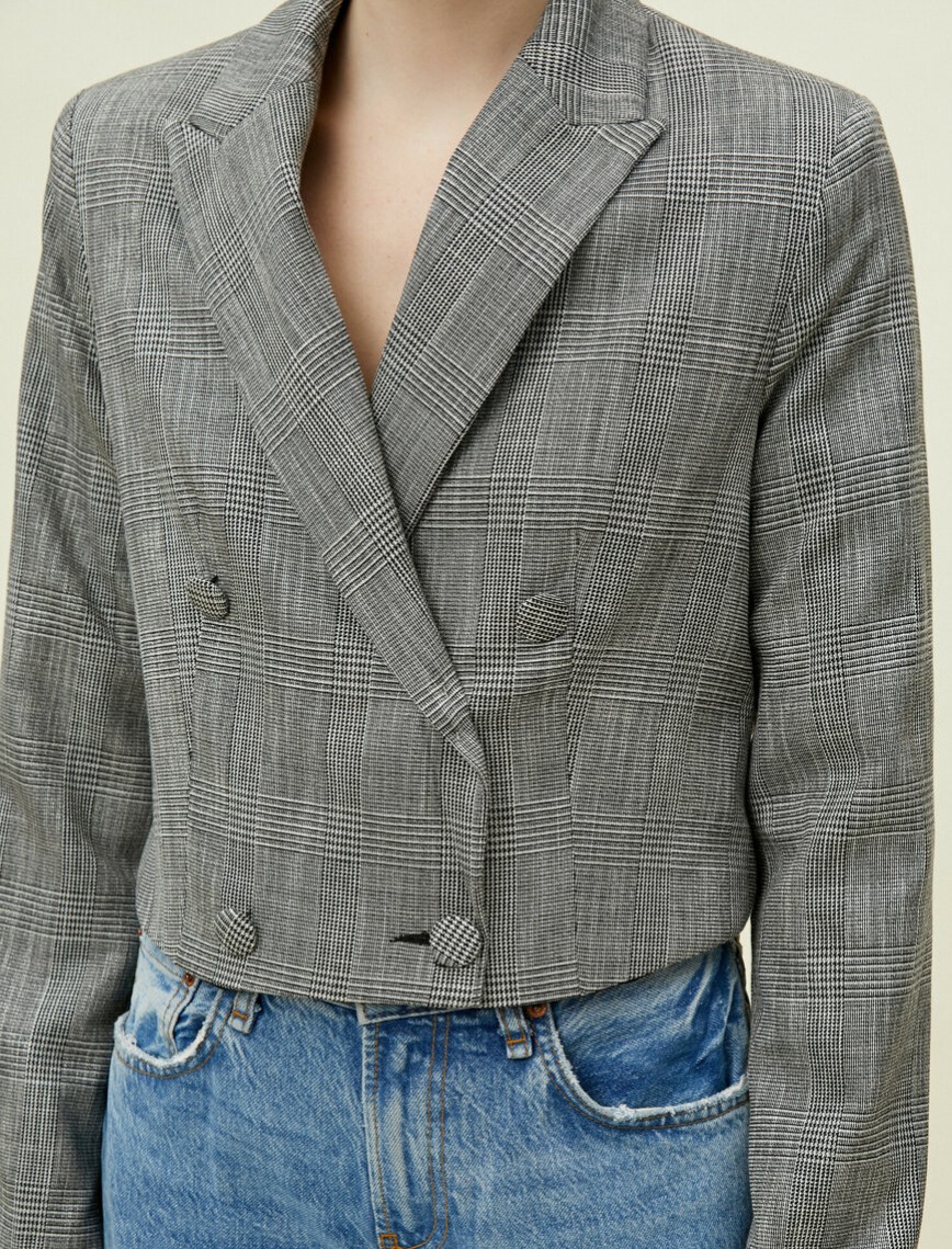 Crop Kruvaze Blazer Ceket Kareli