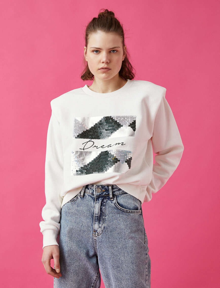 Pamuklu Bisiklet Yaka Pullu Sweatshirt