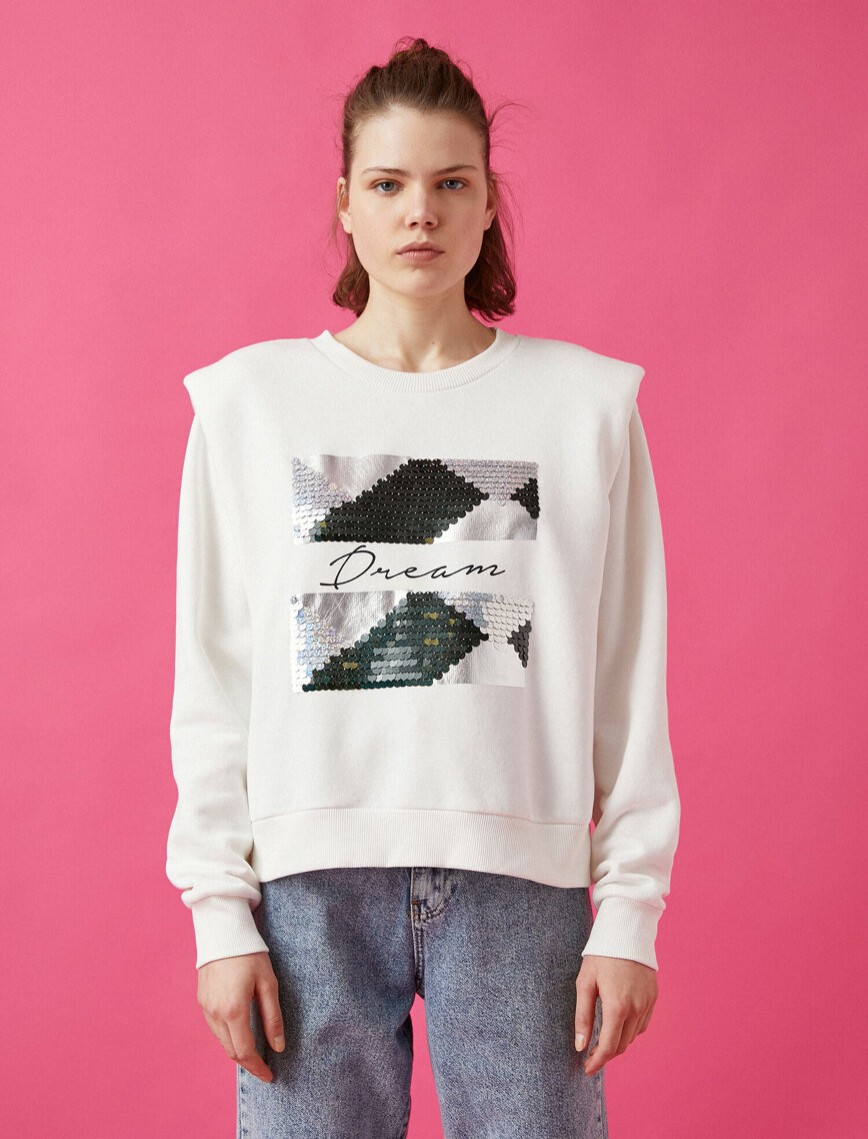Pamuklu Bisiklet Yaka Pullu Sweatshirt