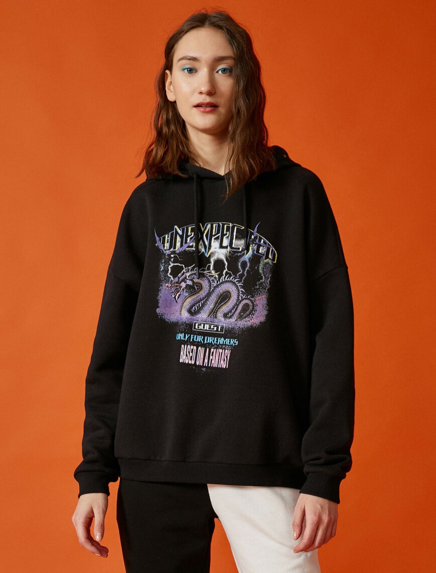 Pamuklu Bisiklet Yaka Baskılı Sweatshirt