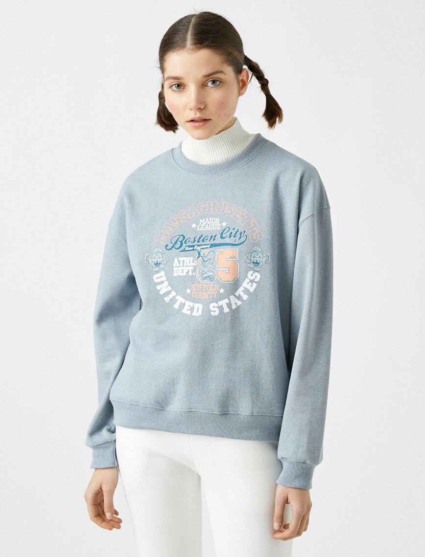 Pamuklu Bisiklet Yaka Baskılı Sweatshirt