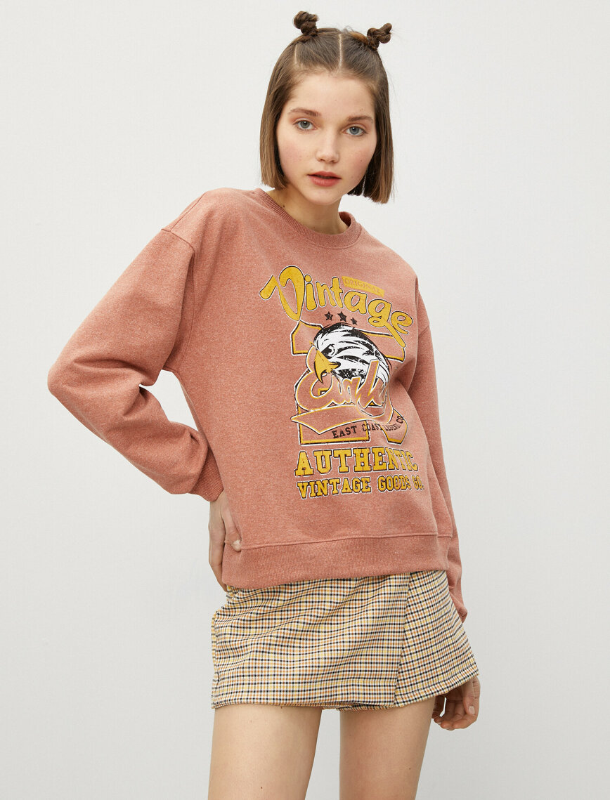 Pamuklu Bisiklet Yaka Yazılı Baskılı Sweatshirt