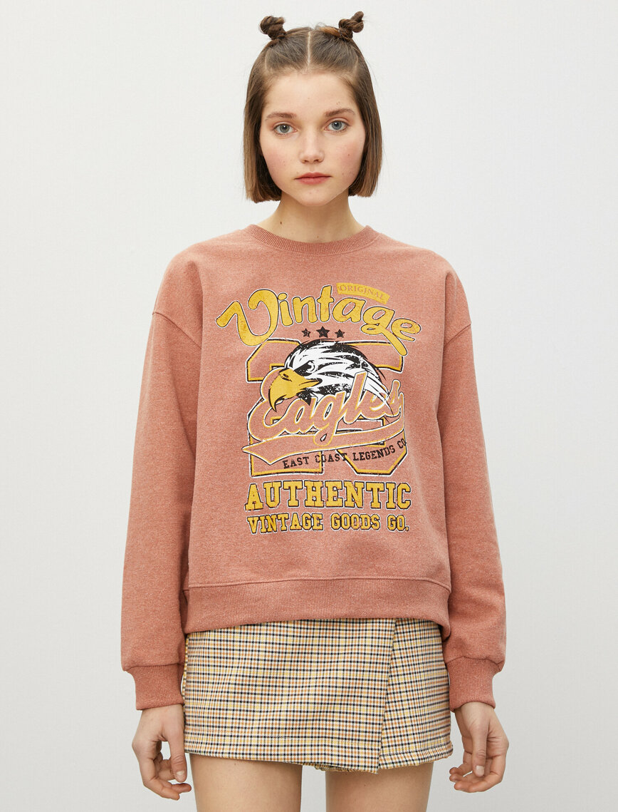 Pamuklu Bisiklet Yaka Yazılı Baskılı Sweatshirt
