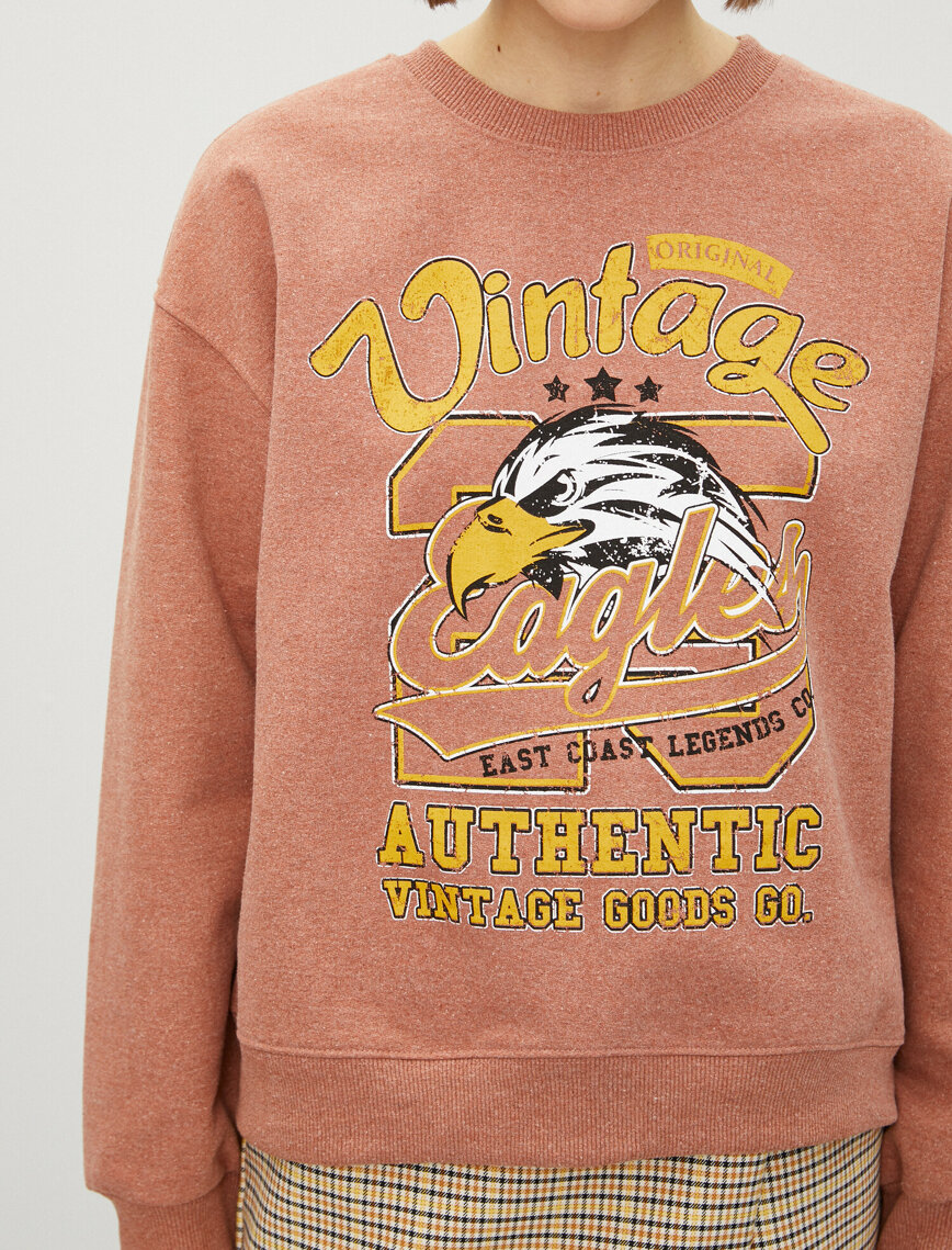 Pamuklu Bisiklet Yaka Yazılı Baskılı Sweatshirt